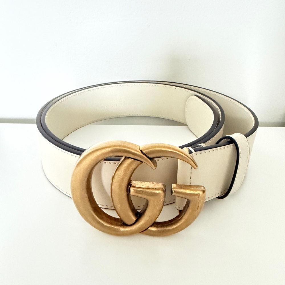Gucci Cream Leather Belt with Gold Double-G Buckle